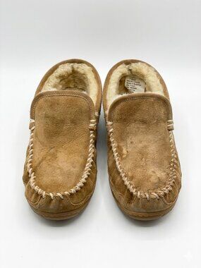 LL BEAN Wicked Good Slippers Womens 9 Wide W Shearling Lined Suede Moccasin Tan